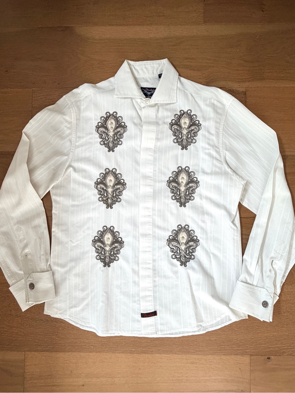 VTG Fender Custom Shop Rock & Roll Religion Embroidered Shirt Large Bling Y2K